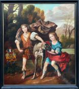 Unbekannter Künstler, 19. Jh. Figurative Komposition, Wappen mit dem Spruch: 