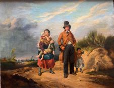 Unbekannter Künstler, Familie mit Kindern unterwegs, im Hintergrund ein Planwagen und ein Haus, Öl/