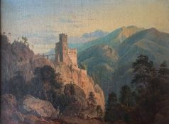 Unbekannter Künstler, frühes 19. Jh., Burgruine auf einer Felsnase, umgeben von Wald und Bergen,