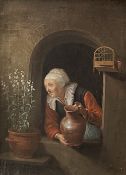 Nach Gerard Dou. Frau mit Wasserkrug, Topfblumen und Vogelkäfig. Sammlung Wesendonk, Öl/Lwd, Verso