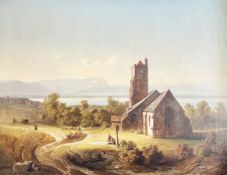 August Christian Geist (1835 - 1868), Vormittag, Motiv am Starnbergersee, mit einer alten Kirche,