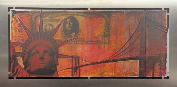 Marco Mehn (1967). New York. Mit Freiheitsstatue, Brooklyn Bridge, Barack Obama auf Dollarschein.