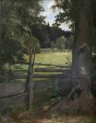 Josef Willroider (1838-1915), Landschaft mit Weidezaun: Der Blick geht durch hohe Bäume und einen