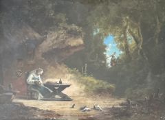 Willi Moralt. Junges Mädchen im Wald besucht den Einsiedler. Signiert, Öl auf Holz, hinter Glas
