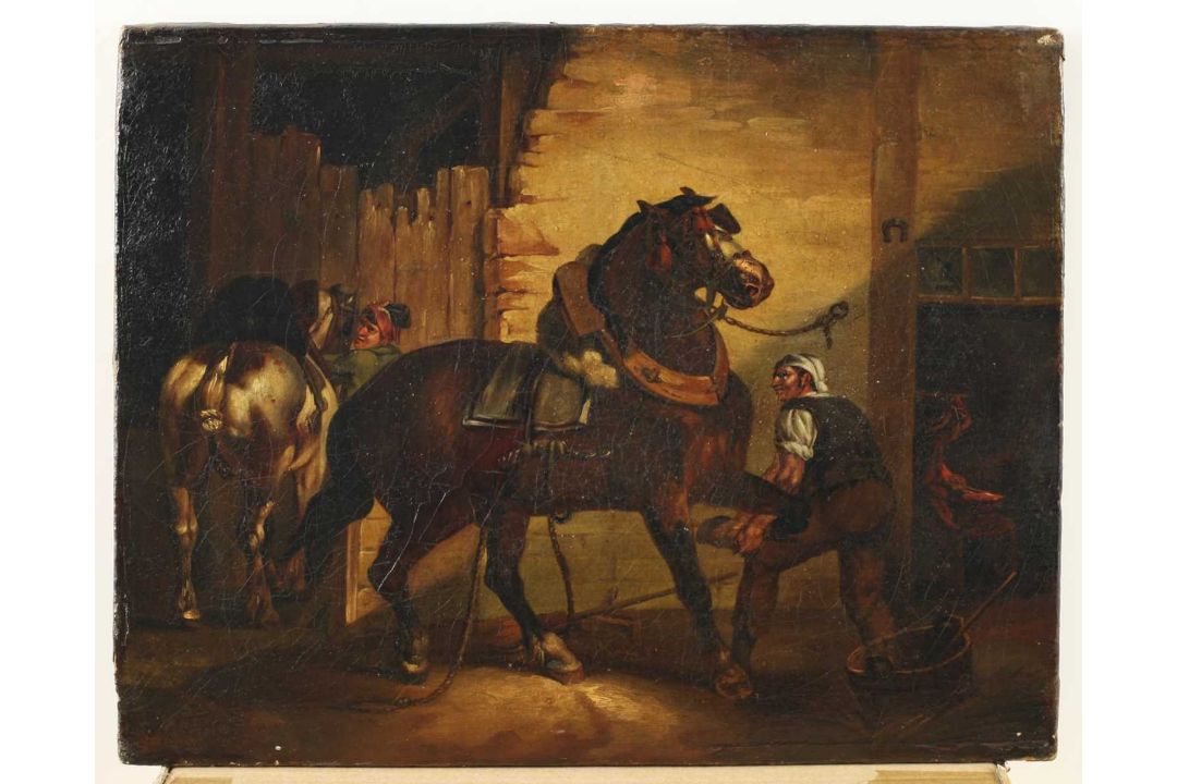 Unidentifizierter Künstler, Ölgemälde Pferd beim Hufschmied, unbekannt - Bild 4 aus 9