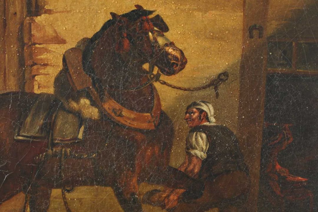 Unidentifizierter Künstler, Ölgemälde Pferd beim Hufschmied, unbekannt - Bild 6 aus 9