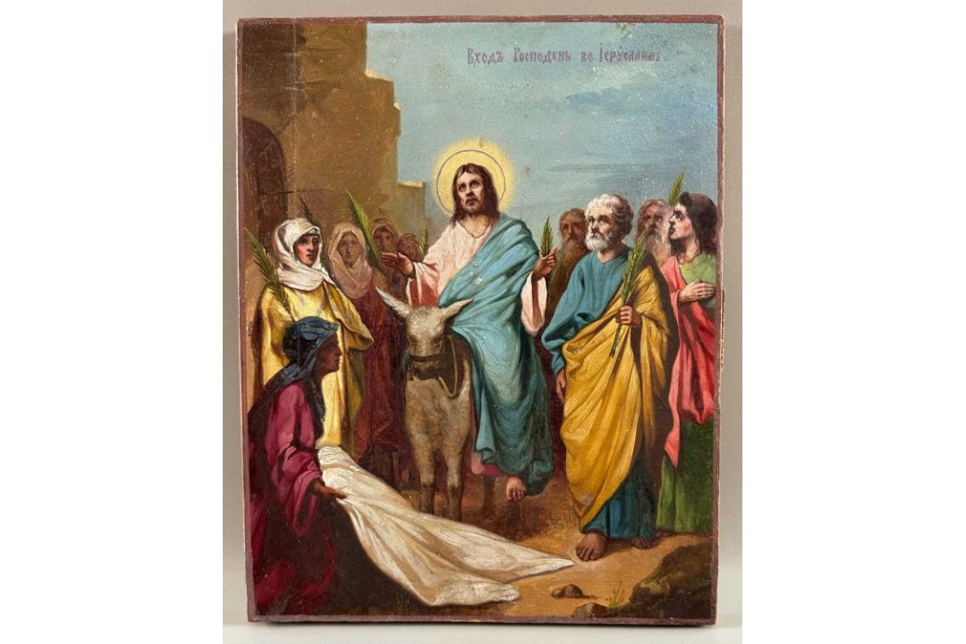 Ikone, Jesus Christus auf Esel, Einzug nach Jerusalem Palmzweig, wohl Russland ca. 19. Jhdt. - Bild 1 aus 5
