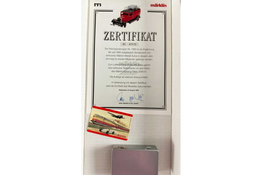 Märklin Metall 1989 Reichspostwagen Reichspost, mit Originalverpackung, Zertifikat und Telefonkarte - Bild 4 aus 4