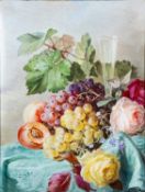 A 19th century English porcelain rectangular plaque painted with grapes, peaches,