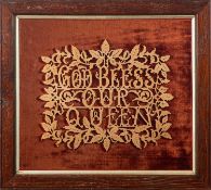 A pair of Victorian fret-cut openwork motto panels,