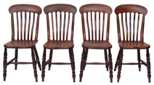 A set of four ash and elm lath back chairs, 19th century; the backrests with arched toprails,