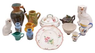 A mixed lot of English & other pottery including two Staffordshire spaniel ornaments;