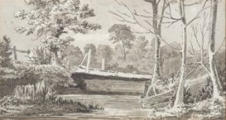 John Baverstock Knight (British, 1788 - 1959) Bridge at Tanners End Pen, ink and grey wash 11.