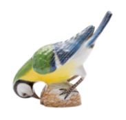 A Meissen porcelain Blue Tit, modelled pecking a fruit, blue crossed swords and incised 798, 7.