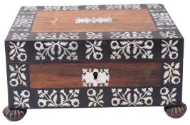 A George IV rosewood and mother-of-pearl inset jewellery casket,