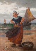 E. Louyot (Continental, 20th Century) Dutch girl collecting shells Oil on canvas 68.5 x 48.