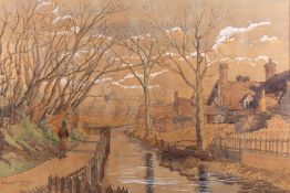 Margaret Rowney (British, 1908-1998) A lady walking along a riverside,