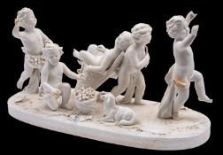 A Volkstedt bisque porcelain group depicting six putti and a lamb harvesting grapes,