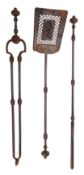 A set of Regency steel fire irons, early 19th century; comprising shovel,