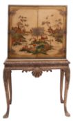 A painted and parcel gilt wood cocktail cabinet in the manner of a George I chest on stand,
