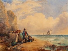 James Webb (British, 1825-1895) Coastal Scene with a fisherman standing by his boat,