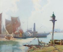 WITHDRAWN Hubert Coop (British, 1872-1953) River scene with a paddle streamer Watercolour 49 x 59.