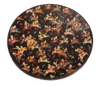 A Persian black lacquer charger decorated with numerous mounted soldiers in combat, 40cm diameter.