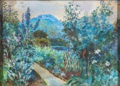 British School, 19th Century A garden pathway Watercolour 21 x 28.5cm Inscribed 'Hogar ..Miss F. S.
