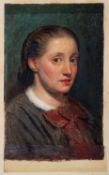 Edward Thompson Davis (British, 1833-1867) Portrait of a young woman with a red bow,