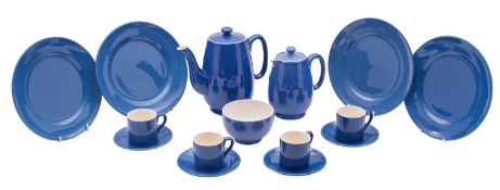 A Moorcroft Pottery powder-blue coffee service comprising coffee pot and cover, milk jug and cover,