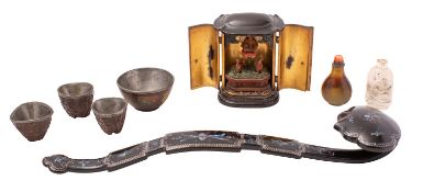 A mixed lot of Japanese and Chinese works of art comprising a black lacquer and m.o.p.
