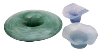 Three Nazeing glass bowls, one of squat trumpet form with broad everted rim under cloudy green,
