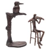 A patinated bronze model of a kingfisher on a branch, modern; naturalistically portrayed,