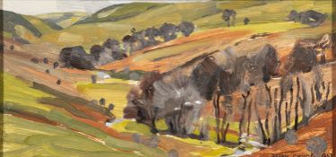 Brian Chugg British (1926-2003) Landscape with trees in the foreground Oil on board 13.