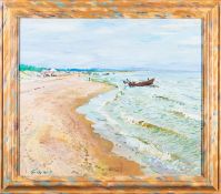 Asian School (20th Century) A beach scene Oil on canvas 59.5 x 69.