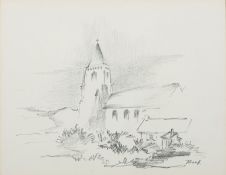 Maurice Boel (Belgian,1913-1998) Landscape with a Church and cottage Pencil 19.