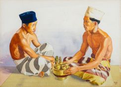 Rupert Pease (British 1906 - 1945) Two men seated crossed legged with brass vessels Watercolour 30.