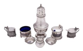 A collection of small silverwares, including: a vase shape sugar caster by Joseph Gloster Ltd,