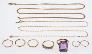 A seven stone diamond ring, vintage amethyst set ring, marks for 14ct gold, size M,