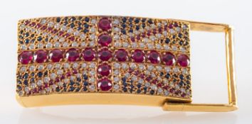 A Chrome Hearts Union Jack belt buckle, set with diamonds, rubies and sapphires,