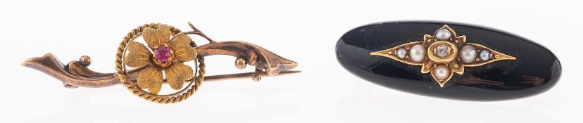 A jet, split pearl and diamond brooch,