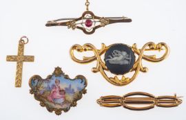A group of jewellery, painted enamel brooch, gold heart clasp, cross,