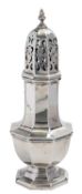 A silver sugar caster by Elkington & Co., Birmingham 1912, of octagonal vase shape, 16.