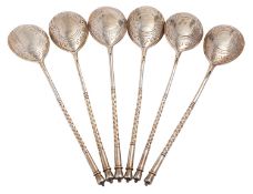 A set of six Russian silver gilt teaspoons by Ivan Alexeyev, Moscow 1890, 84 zolotniki,