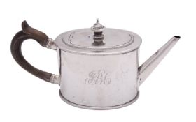 A George III silver tea pot by Charles Aldridge & Henry Green, London 1777, straight-sided oval,