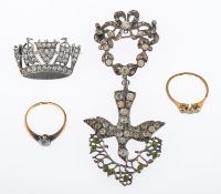 A group of jewellery, French paste set St Espirit dove pendant with white and green paste,