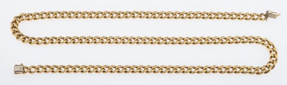 A gold flat link chain, box clasp with safety catch, marks for 14 ct,