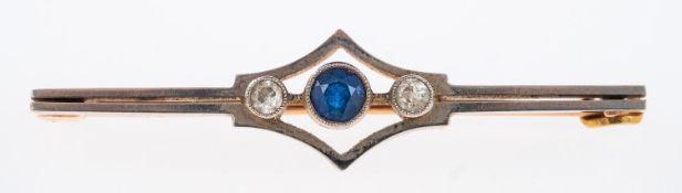 An Edwardian bar brooch with small sapphire and diamonds, in unmarked gold,