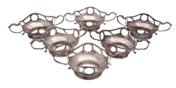 A set of six George V silver twin handled finger bowl stands by Charles & Richard Comyns London