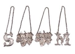 Four Victorian silver wine labels, comprising: two Scottish letter labels by Robb & Whittet,